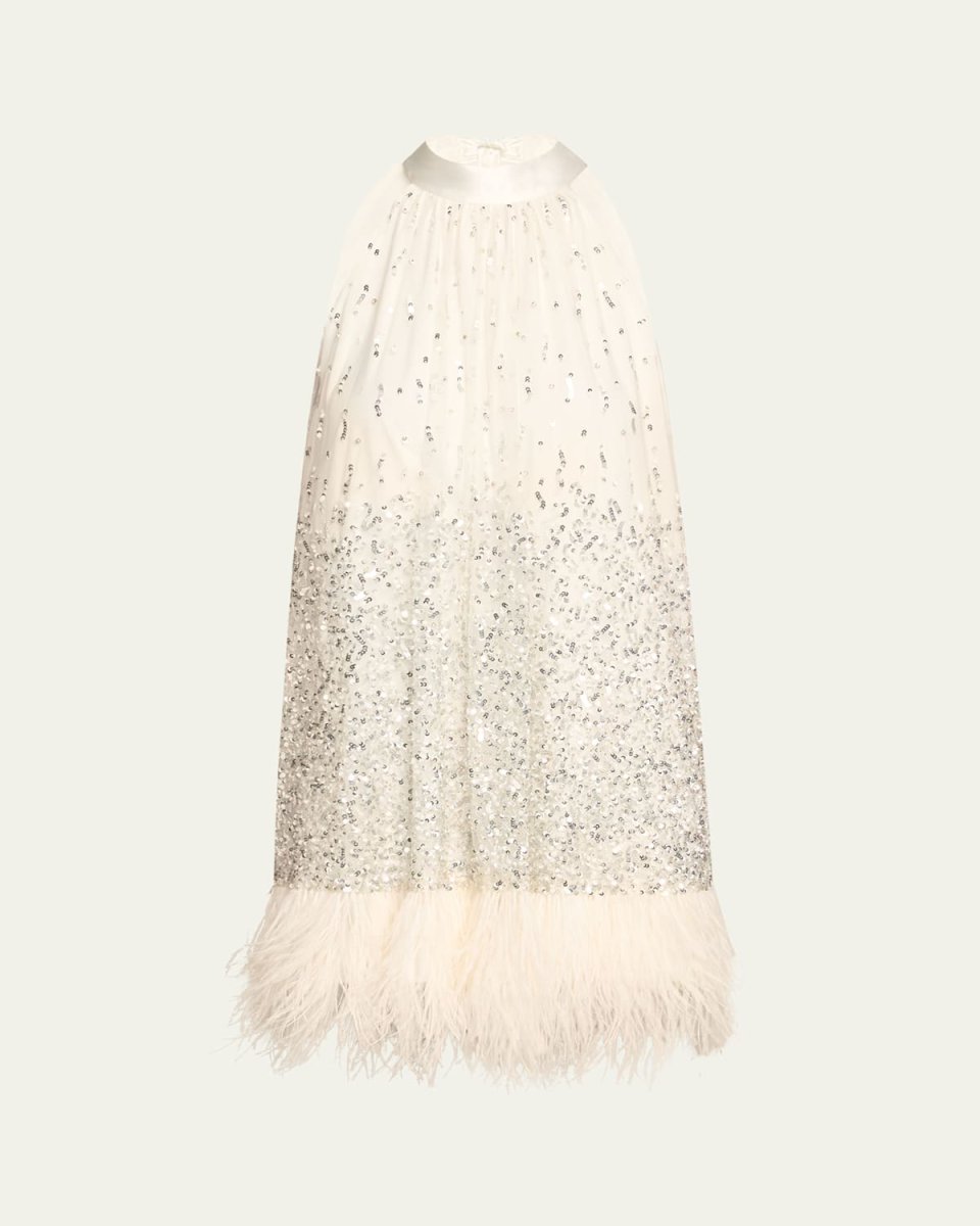 Erna Sequined Feather-Trim Mini Dress